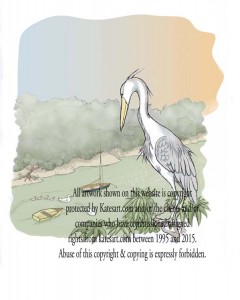 illustration heron looks over river swans swimming